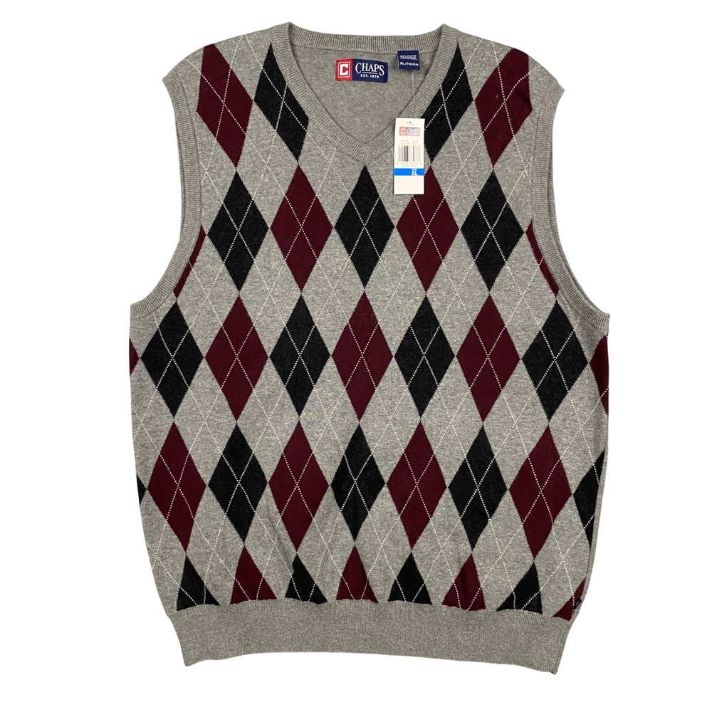 Chaps Mens V Neck Argyle Sweater Vest‎ XL Grey Burgundy Black Cotton